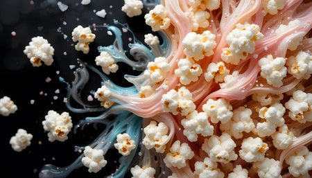Abstract food photography of popcorn with pink and blue swirls on a dark backgroundの素材