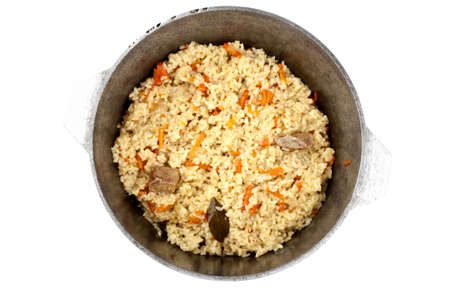 pilaf in a cauldron isolated on a white backgroundの写真素材