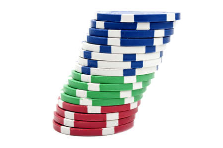 stacks of poker chips isolated on a white backgroundの写真素材