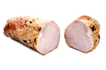 two pieces of bacon isolated on a white backgroundの写真素材