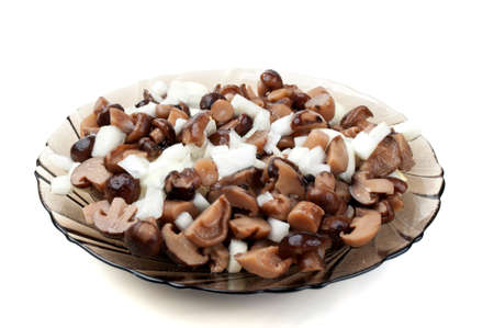 pickled mushrooms on a plate isolated on a white backgroundの写真素材