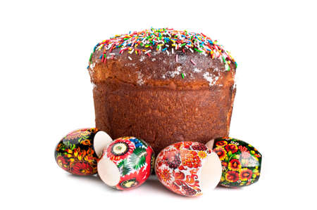 Easter cake and eggs isolated on a white backgroundの写真素材