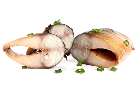 smoked fish isolated on a white backgroundの写真素材