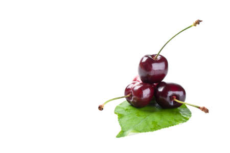 three cherries and leaf isolated on a white backgroundの写真素材