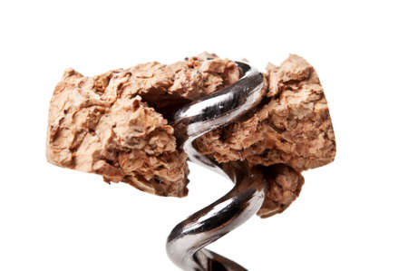 piece of wine cork on corkscrew isolated on a white backgroundの写真素材