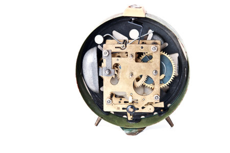 old alarm clocks isolated on a white background. Inside view.