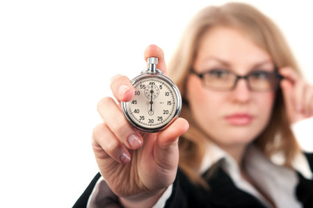 woman holding a stopwatch isolated on a white background