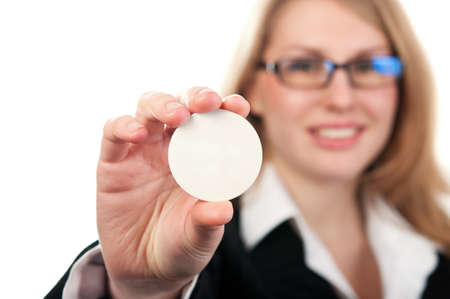 business woman holding a sign isolated on a white backgroundの写真素材
