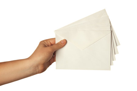 woman holding envelope isolated on white background