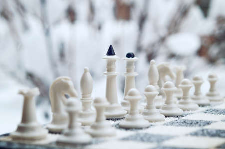 winter chess pieces on snowの写真素材