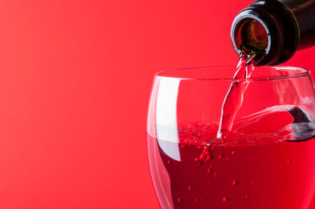 Pouring red wine into a glass on a red backgroundの写真素材