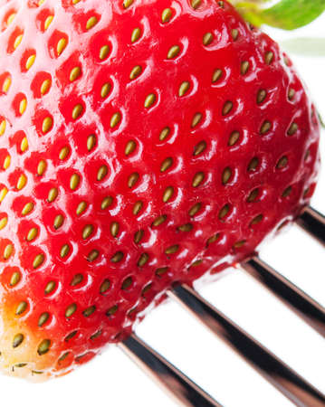 Fresh strawberry on a forkの写真素材