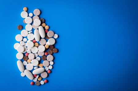 colored pills and tablets. top view