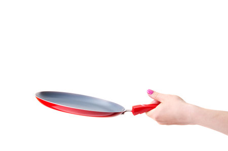 woman holding metal pan isolated on white background