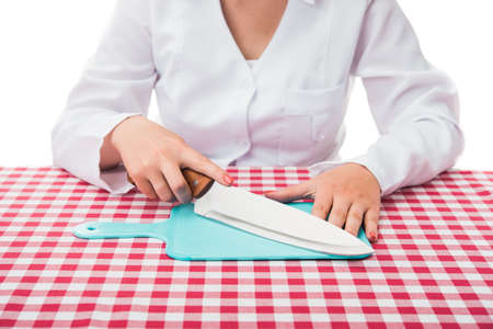 female cook with cutting boardの写真素材