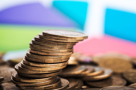 Stack of metal coins on backgroundの写真素材