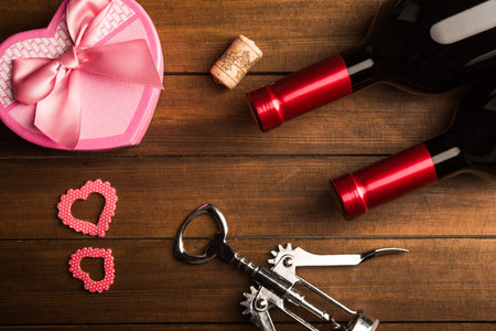 Romantic dinner with a gift and wineの写真素材