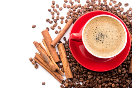 Cup with coffee and beans isolated on white backgroundの写真素材