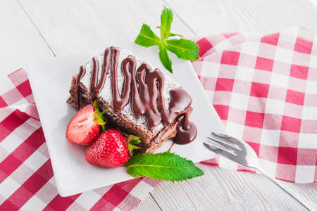 Food dessert with chocolate cake and fruit strawberryの写真素材