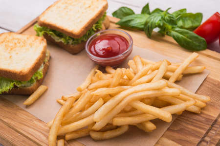 sandwiches, french fries and ketchupの写真素材