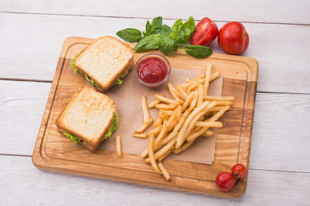 sandwiches, french fries and ketchupの写真素材