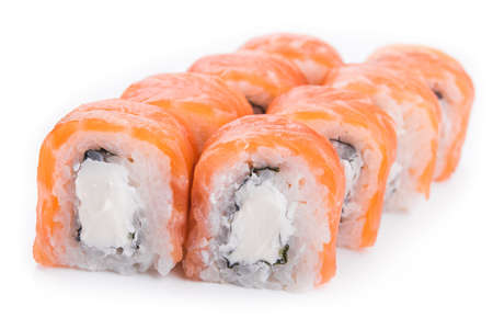 sushi with salmon and philadelphia cheese isolated on white backgroundの写真素材