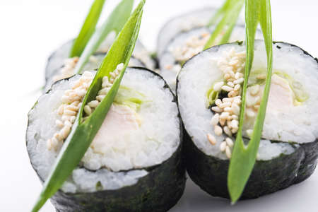 Closeup of rolls with onion and meat on white backgroundの写真素材