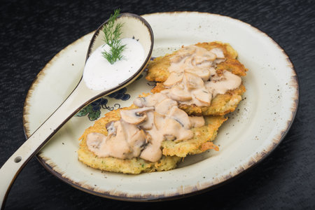 potato pancakes with mushrooms on dishの写真素材