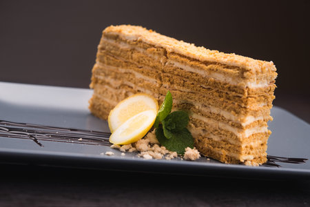 tasty napoleon cake with mint and lemonの写真素材