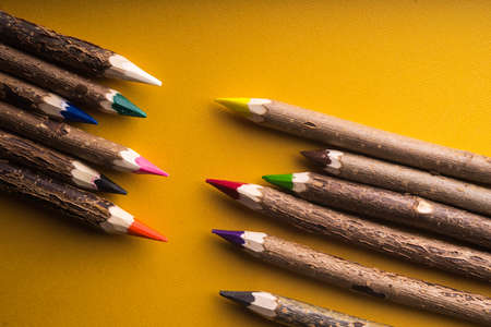 wood colored pencils on bright backgroundの写真素材