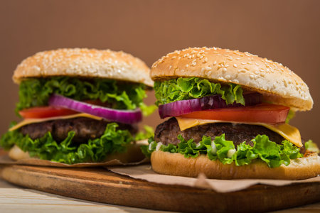 closeup of fresh tasty burgersの写真素材