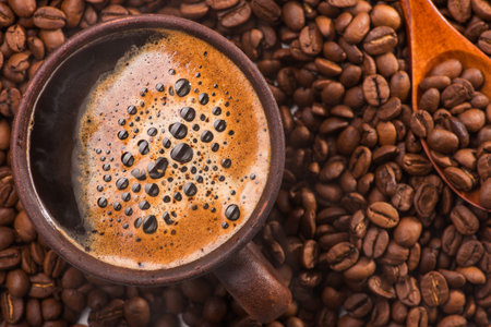 close up of tasty coffee cup on wood table
