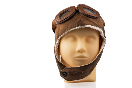 model mannequin head with pilot cap or hat isolated on white. aviator fly conceptの写真素材