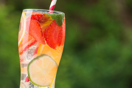 strawberry cocktail with lime and mint on wooden white table outdoorsの写真素材