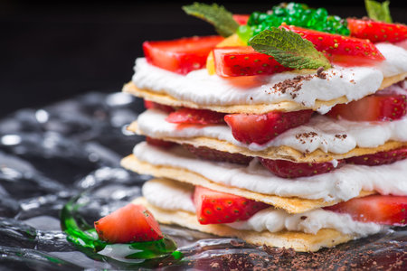 tasty strawberry cake at the restaurant. sweet foodの写真素材