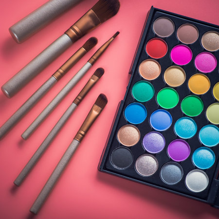 beauty colored cosmetic palette with brush powder on pink background. makeup setの写真素材