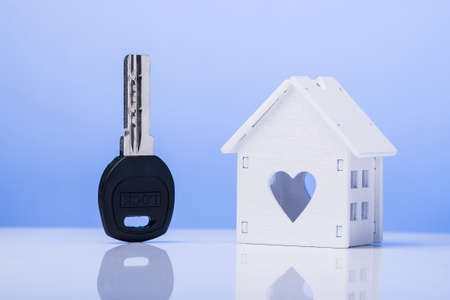metal key from the house symbol on blue background. security concept estateの写真素材