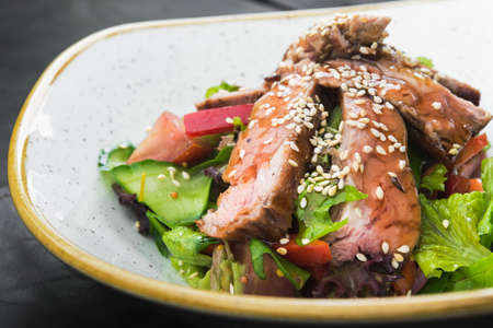 Salad with veal and sesame seeds in a white plate, black backgroundの写真素材