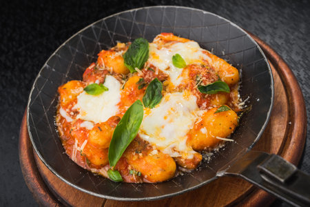 Omelette with mozzarella and basil in a frying pan. hot Italian dish at the restaurantの写真素材