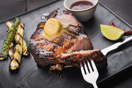 grilled steak tee bon with spices , knife and fork, on black slate board. delicious restaurant foodの写真素材