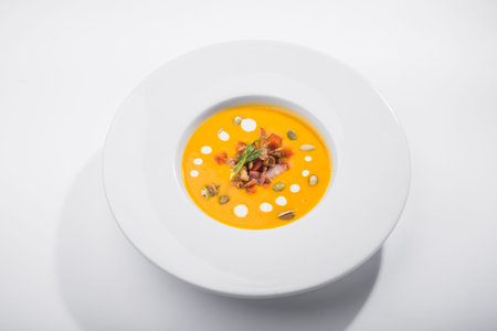 fresh pumpkin soup with grain on a white plate, healthy food dinnerの写真素材