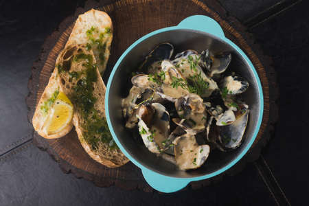 delicious seafood mussel in a restaurant tableの写真素材