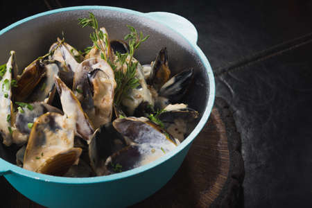 delicious seafood mussel in a restaurant tableの写真素材