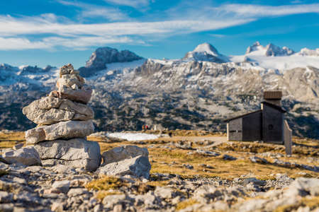 Rock sculpture in a alps mountain on a sunny day. beautiful landscape panoramaの写真素材
