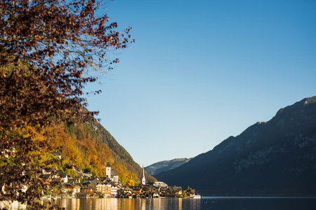 Hallstatt Lake and travel village with mountain in Austria countryの写真素材