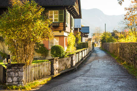 Hallstatt mountain village, old building, Austrian Alpsの写真素材
