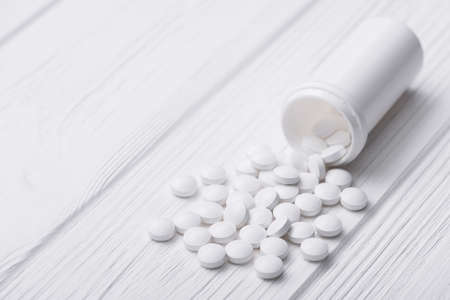 Medicine pills on white table. pharmacy backgroundの写真素材