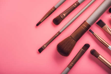 cosmetic brush for beauty makeup on pink backgroundの写真素材