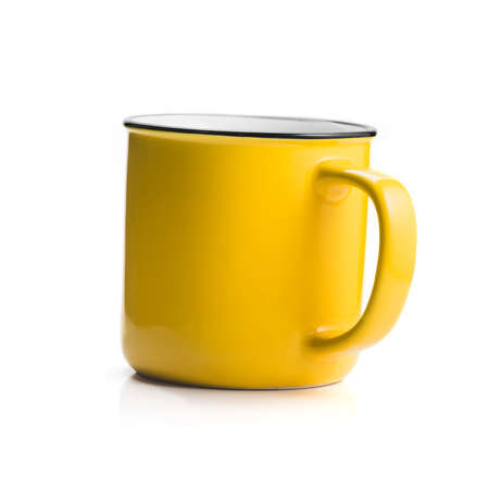 Empty yellow coffee cup isolated on white backgroundの写真素材