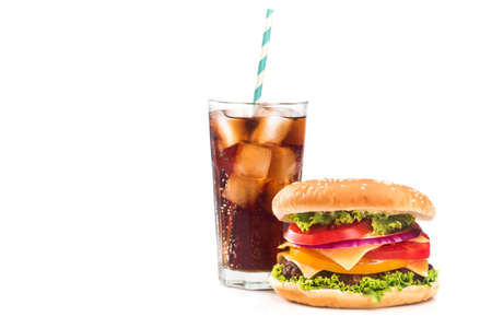 fastfood snack with burger and cola glass isolated on white backgroundの写真素材